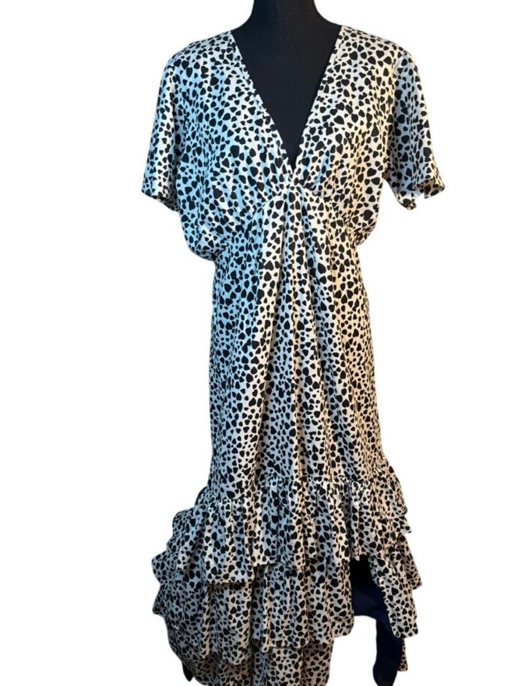 🌟RUE STIIC Heart Print 3 Tier Ruffled Maxi Butterfly Sleeve Open Back Dress Sz L